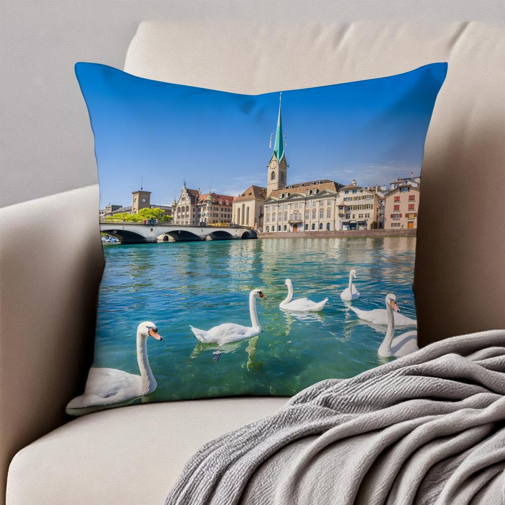 

1PCS Classical LLake Zurich Cushion Cover Pillowcase Antidustmite Invisible Zipper Short Plush Sofa Cushion 30X30cm