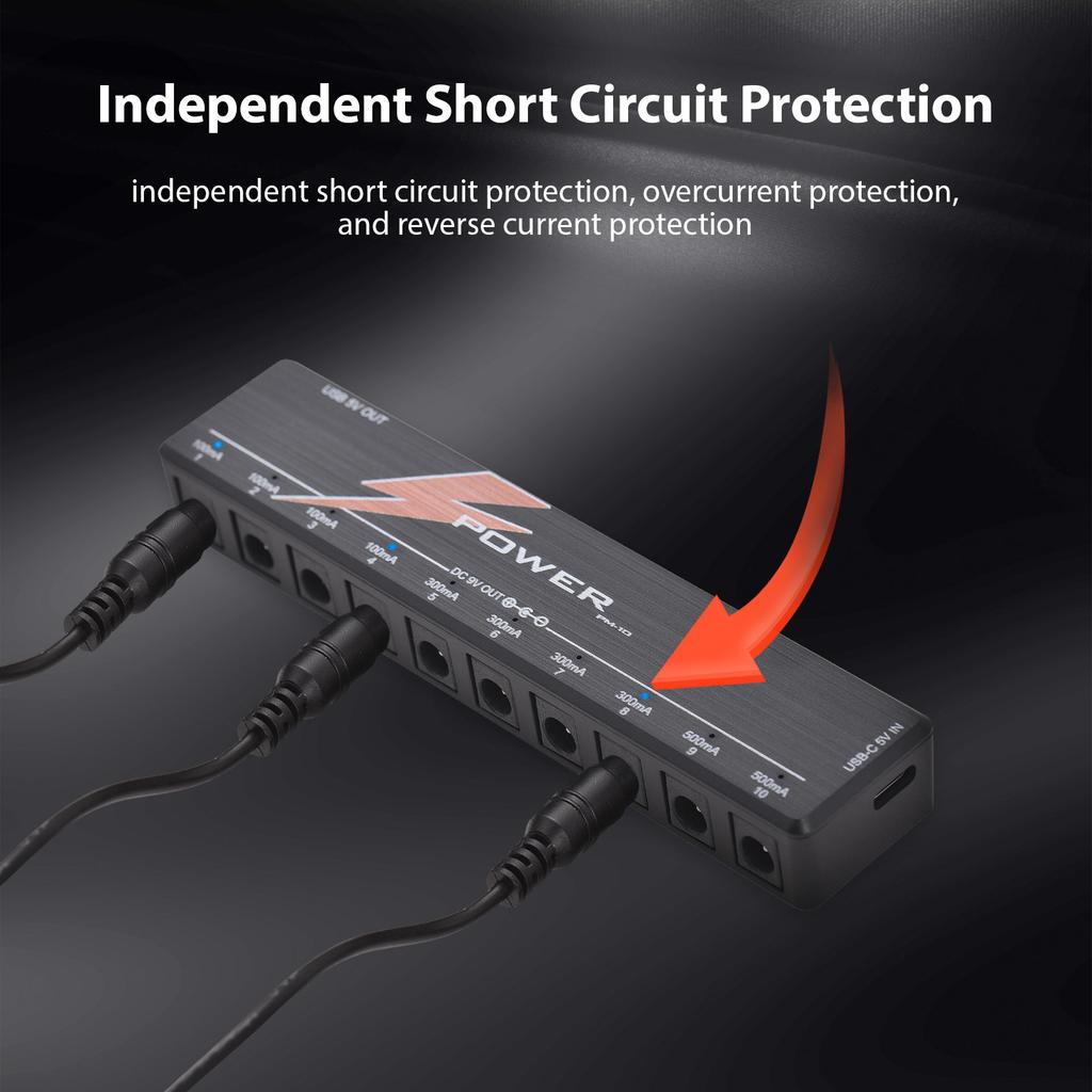 10-Kanal Gitarrenpedal-Netzteil mit unabhängigem Kurzschlussschutz, LED-Netzindikator, Pedal-Netzteil