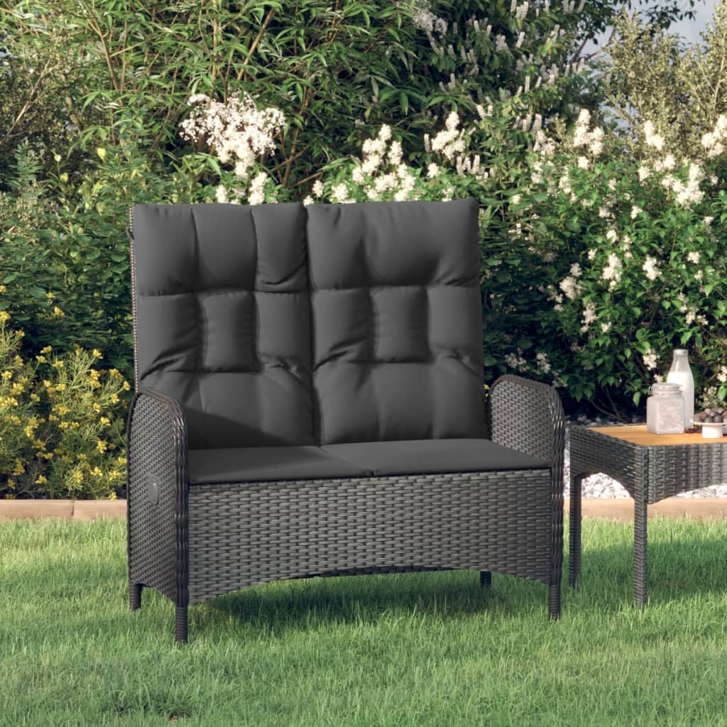 Garden Bench with Reclining Function & Cushions 107 cm Poly Rattan Black