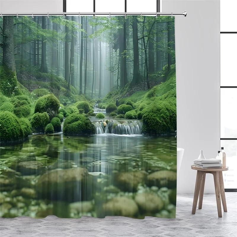 Tropical Jungle Landscape Shower Curtains Green Plants Palm Tree Waterfall Forest Nature Scenery Home Bathroom Curtain Decor Set