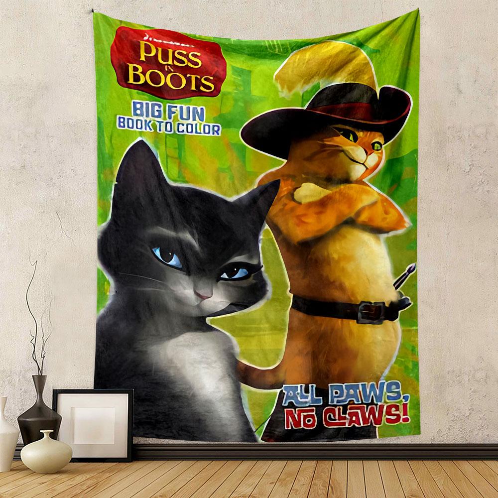 Puss in Boots Coloring Book Tapestry Wall Hanging, Big Fun Book Character Art, Playful Cartoon Wall Decor for Kids Bedroom