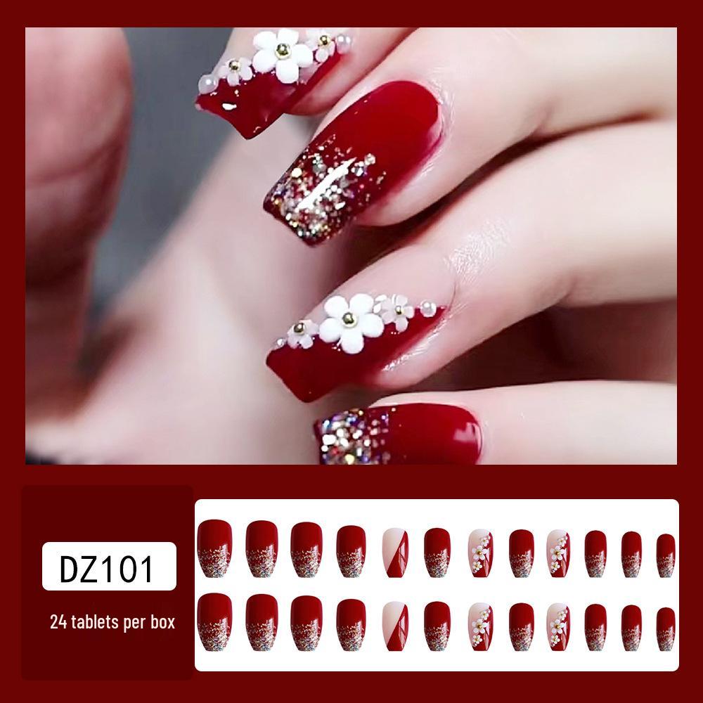 3D Camellia Wine Red Glitter Wearable Nails