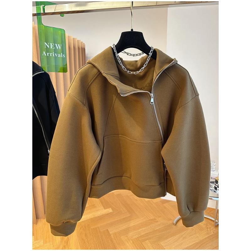 Diagonaler Reißverschluss Lockerer Kapuzen-Cardigan Sweatshirtjacke Damen Frühling Herbst Silhouette A-Linie Oberteil