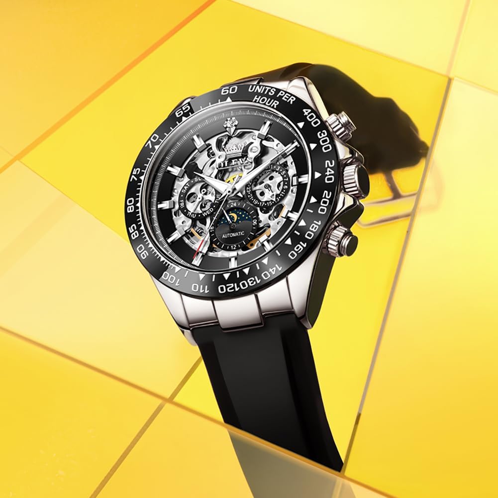 OLEVS Automatic Skeleton Watch with Date Luminous Fashion Business Black Men's Display, Waterproof, Diamonds, Watch,