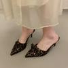 Korean Style High Heel Women's Slippers Spring Summer New Butterfly Knot Pointed Toe Shoes Thin Heel Leopard Print Slip-On