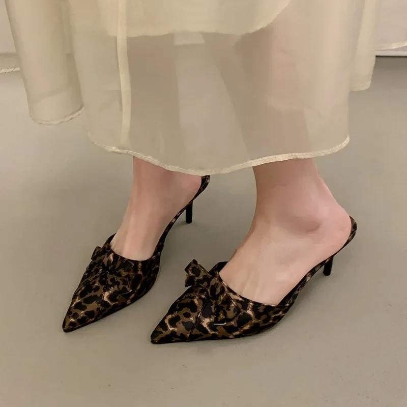 Korean Style High Heel Women's Slippers Spring Summer New Butterfly Knot Pointed Toe Shoes Thin Heel Leopard Print Slip-On