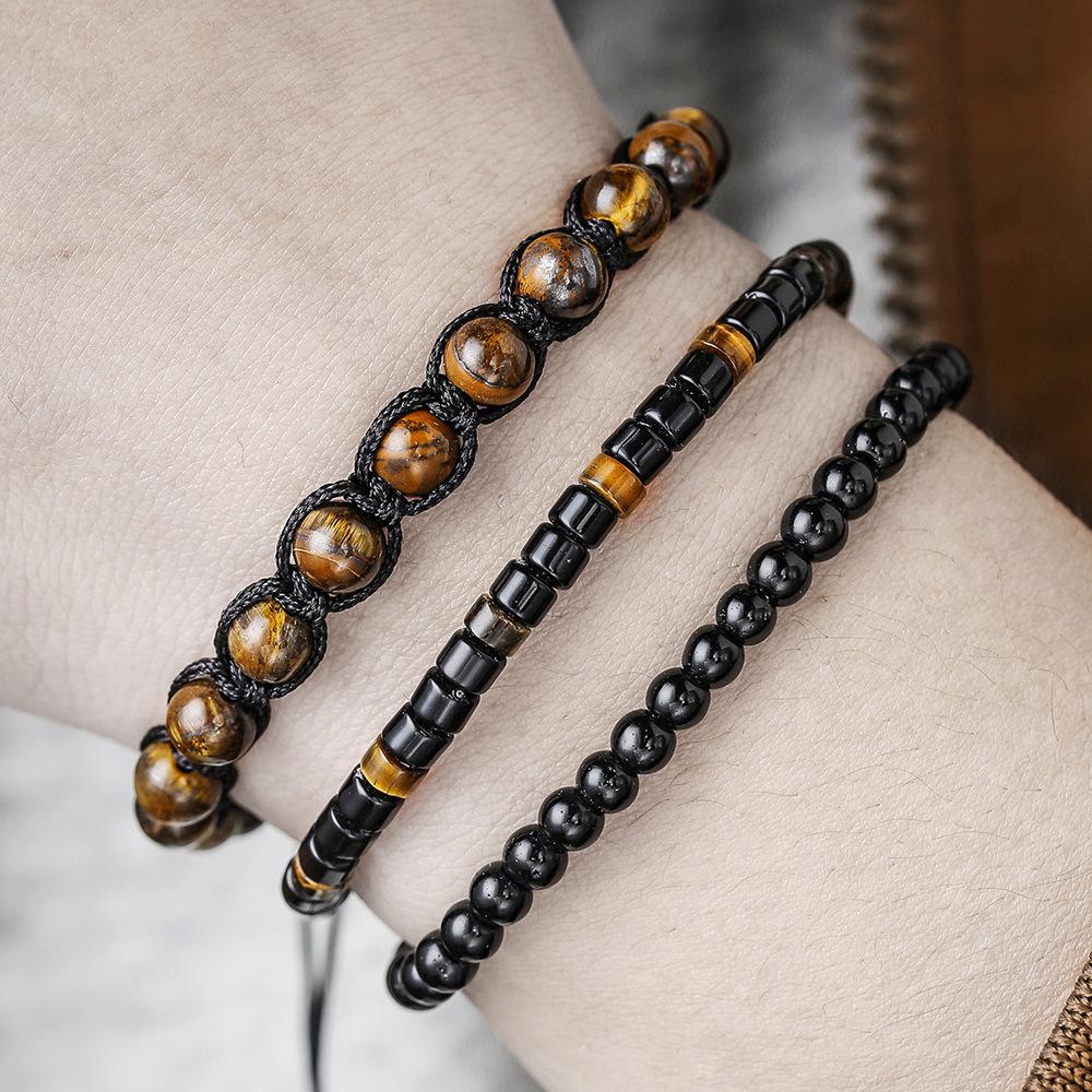 3Pcs/Set Beaded Men Bracelet Braided Rope Brass 4mm Natural Onyx Tiger Eye Stone Adjustable Male Charms Wrist Jewelry Pulseria