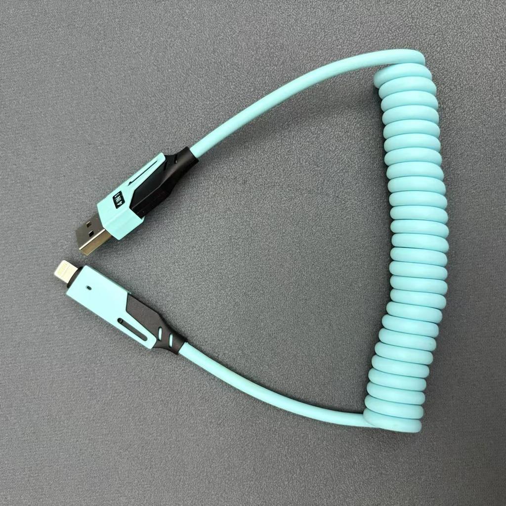 4 in 1 65W Spring Short Data Cable 6A USB Type C Spring Telescopic Quick Charger Wire Spring USB Cable for iPhone 16 15 14 13 12