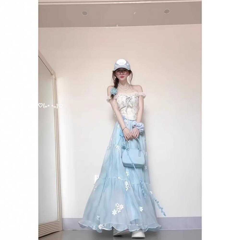 Summer new waist lace-up design one-word shoulder top with fairy mesh skirt long two-piece set
