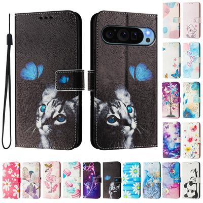 Butterfly and Cat Luxury Painted Leather Case Wallet Book Style Cover for Google Pixel 5,5a 5G /6,6a,6 Pro/ 7,7a,7 Pro/ 8,8a,8 Pro /9,9 Pro,9 Pro XL