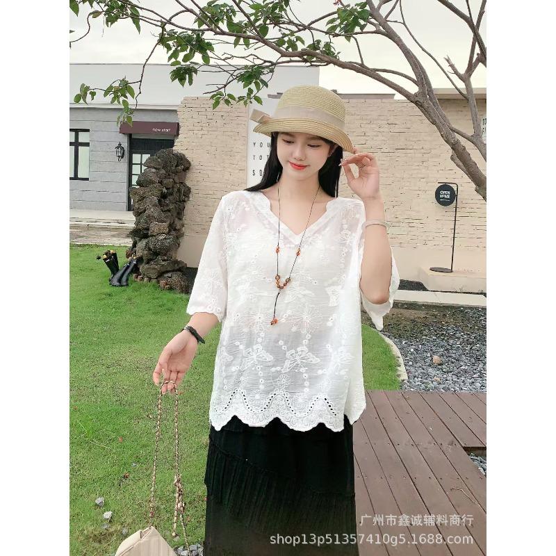 Summer new women's clothing small fresh round neck splicing embroidery solid color loose pullover top knitted batman shirt