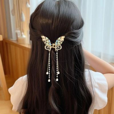 Haar Klaue Lange Fringe Faux Perlen Schmetterlinge Decor Haar Clips Frauen Mädchen Frisuren Hause