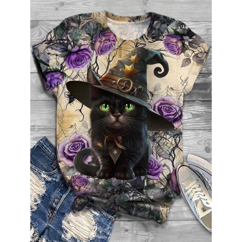 Summer Round Neck 3D Retro Cat Pattern Print Top Fashionable Casual Short Sleeved Women's T-shirts