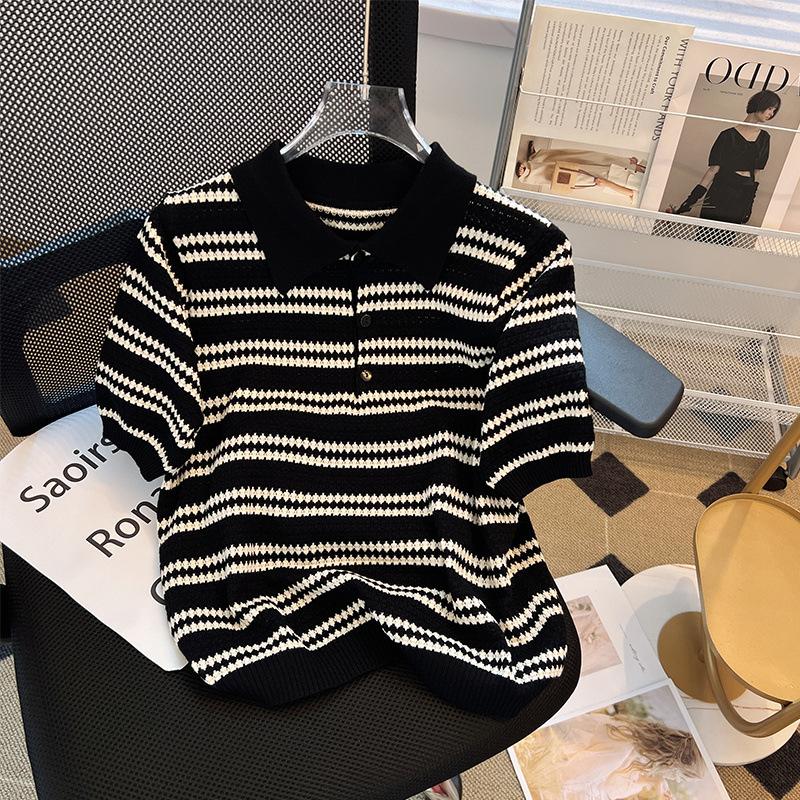 

Short-sleeved women s summer new fat sister design ice silk knitted sweater striped top one size fits all чёрный