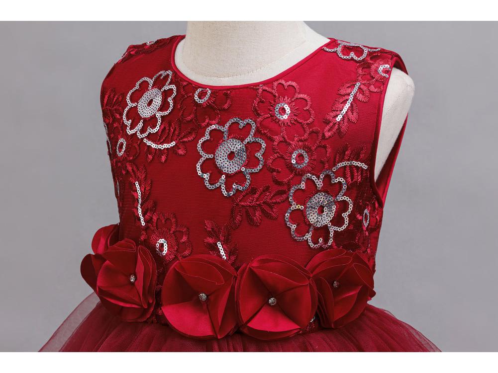 Girls' Red Embroidered Long Evening Dress - Christmas Princess & Performance Outfit