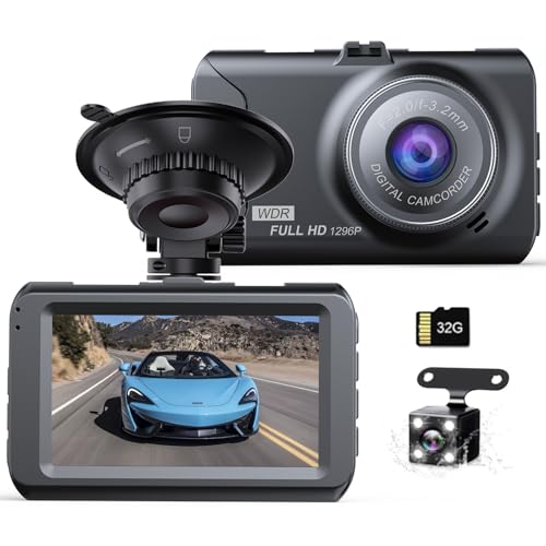 

Автомобильный видеорегистратор с передней и задней двойными камерами, компактный видеорегистратор, 3 мегапикселя, 1296P, 170-градусный сверхширокоугольный, карта 32 ГБ в комплекте, 3-дюймовый ЖК-дисплей