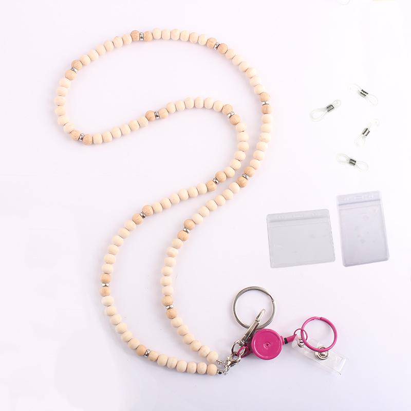 Unisex Stretchable Wooden Bead ID Necklace with Easy-Pull Key Chain