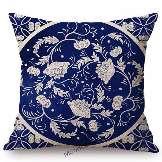 Traditional Delft Navy Blue Toile Floral Pattern Elegant Royal Luxury Home Decoration Cotton Linen Sofa Pillowcase Cushion Cover