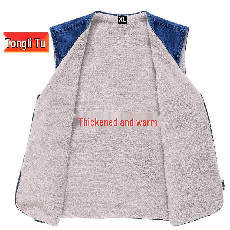 Herren-Jeans-Weste mit Baumwoll-Fleece-Futter - Große Größen, Warm, Mehrere Taschen, Herbst/Winter Freizeit-Weste