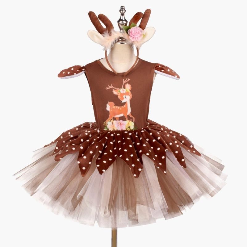 Accessori Costume da Cervo per Bambina con Vestito e Cerchietto Outfit da Renna di Natale per Bambino Halloween Natale Cosplay