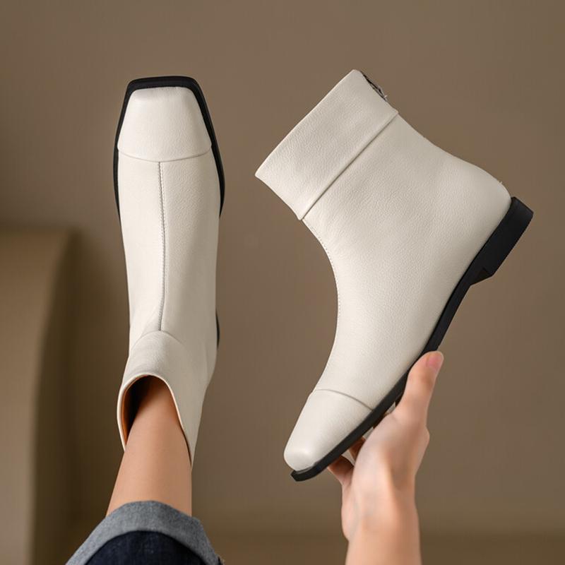 Fashion NEW Autumn Women Boots Genuine Leather Shoes for Women Square Toe Low Heel Shoes Retro Zipper Ankle Boots Concise Modern Boots
