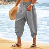 Men Cropped Pants Elastic Waist Solid Color Drawstring Soft Breathable Casual Patch Pockets Mid-calf Length Beach Trousers