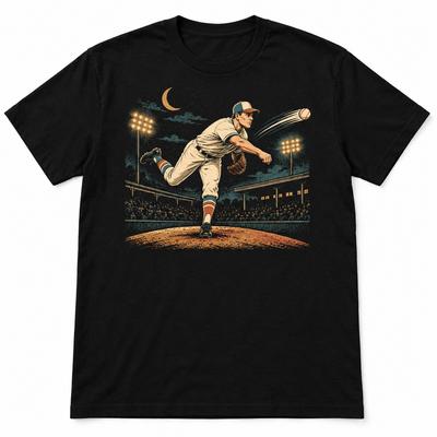Vintage Baseball Pitcher Graphic T-Shirt Retro Night Ballpark Black Tee