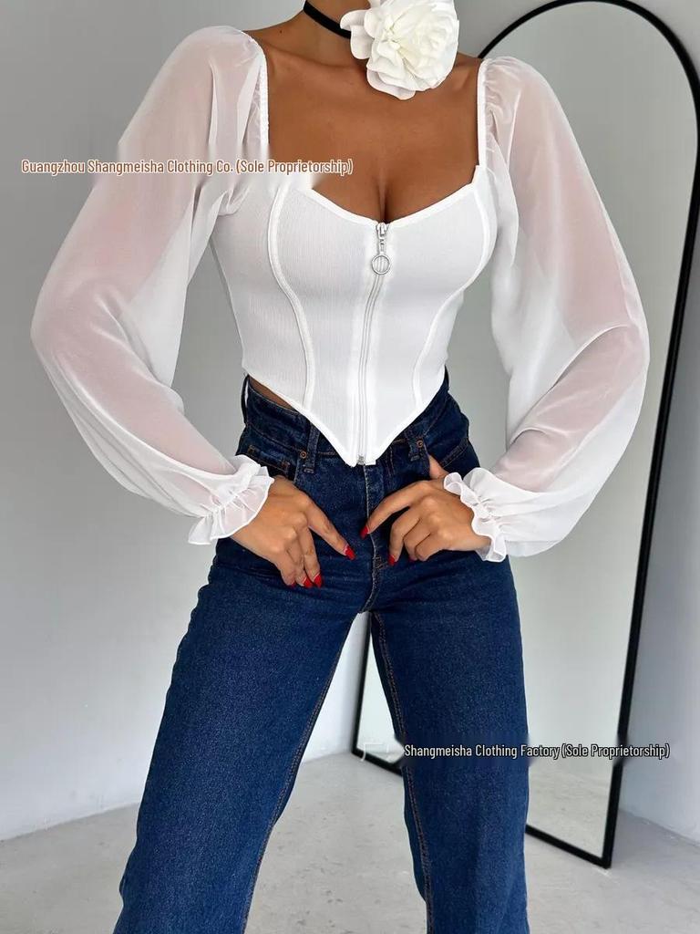 European-American V-Neck Lantern Sleeve Chiffon Blouse, 2025 Women's Fashion