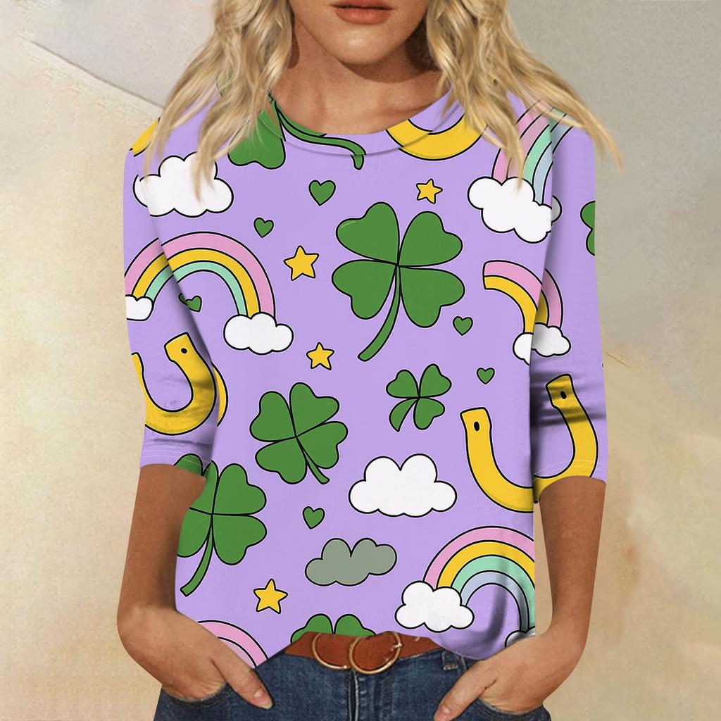 Women's Fashionable Casual Three-quarter Sleeve  Printed Round Neck Top