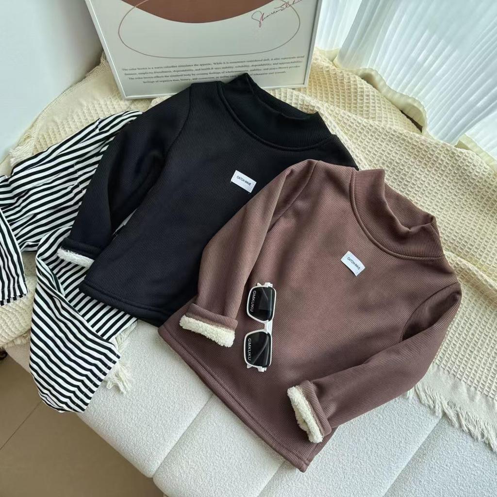 2024 Kids' Winter Thick Half-High Neck Velvet Base Layer T-Shirt - Korean Style