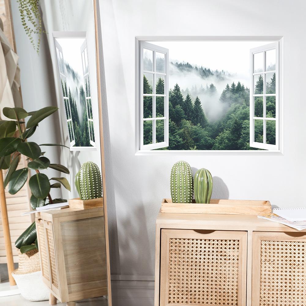 Naklejki ścienne okno 3D do lasu Realistyczny widok natury Mural do sypialni, salonu, przedpokoju i małych pomieszczeń Dekoracja ścienna