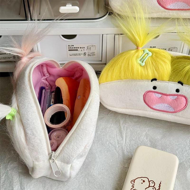 Diy Fluffy Hair Big Capacity Plush Pencil Bag Creative Cartoon Big Mouth Girl Pens Storage Case Portable School Stationery Gift