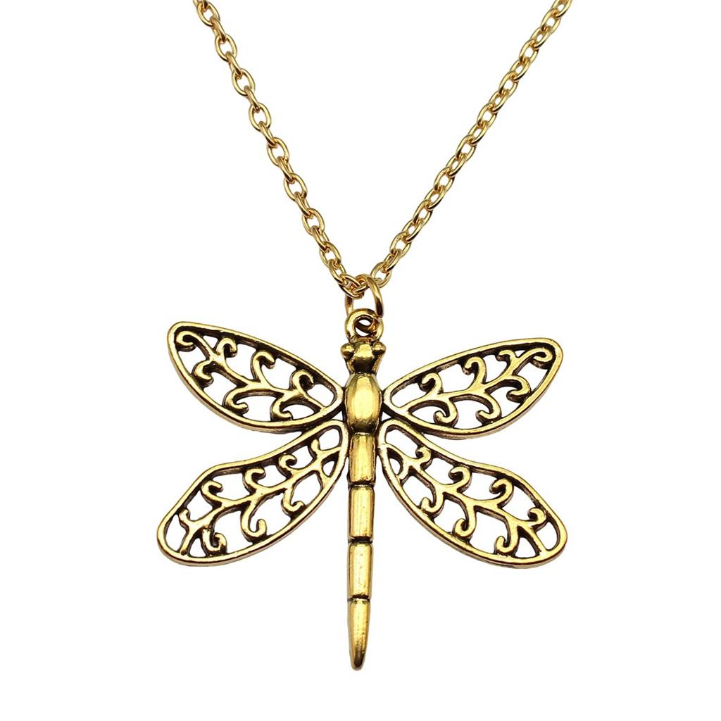 Openwork Dragonfly Pendant antique Gold color Necklace Insect Jewelry 45cm or 70cm long chain