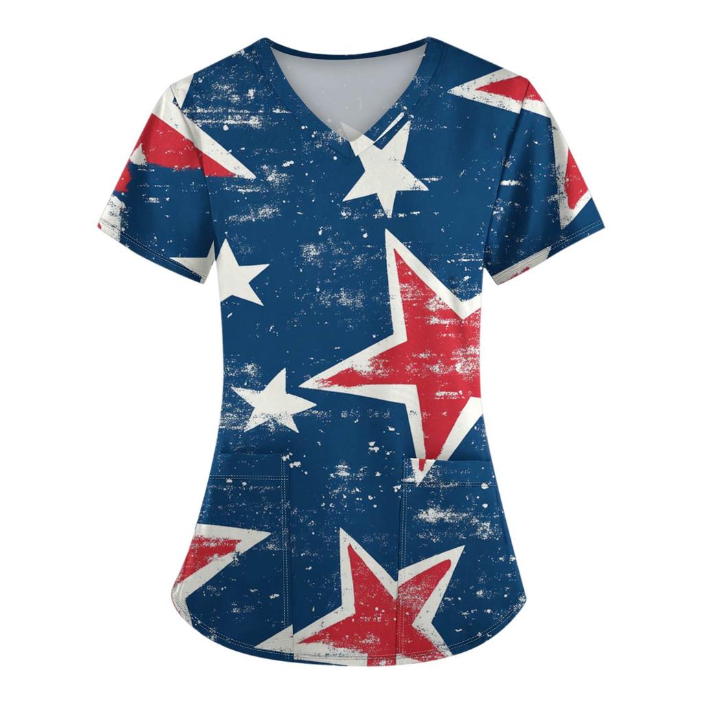 Damenmode V-Ausschnitt Kurzarm Overalls mit Taschen Unabhängigkeitstag Bedruckte Oberteile Kleidung