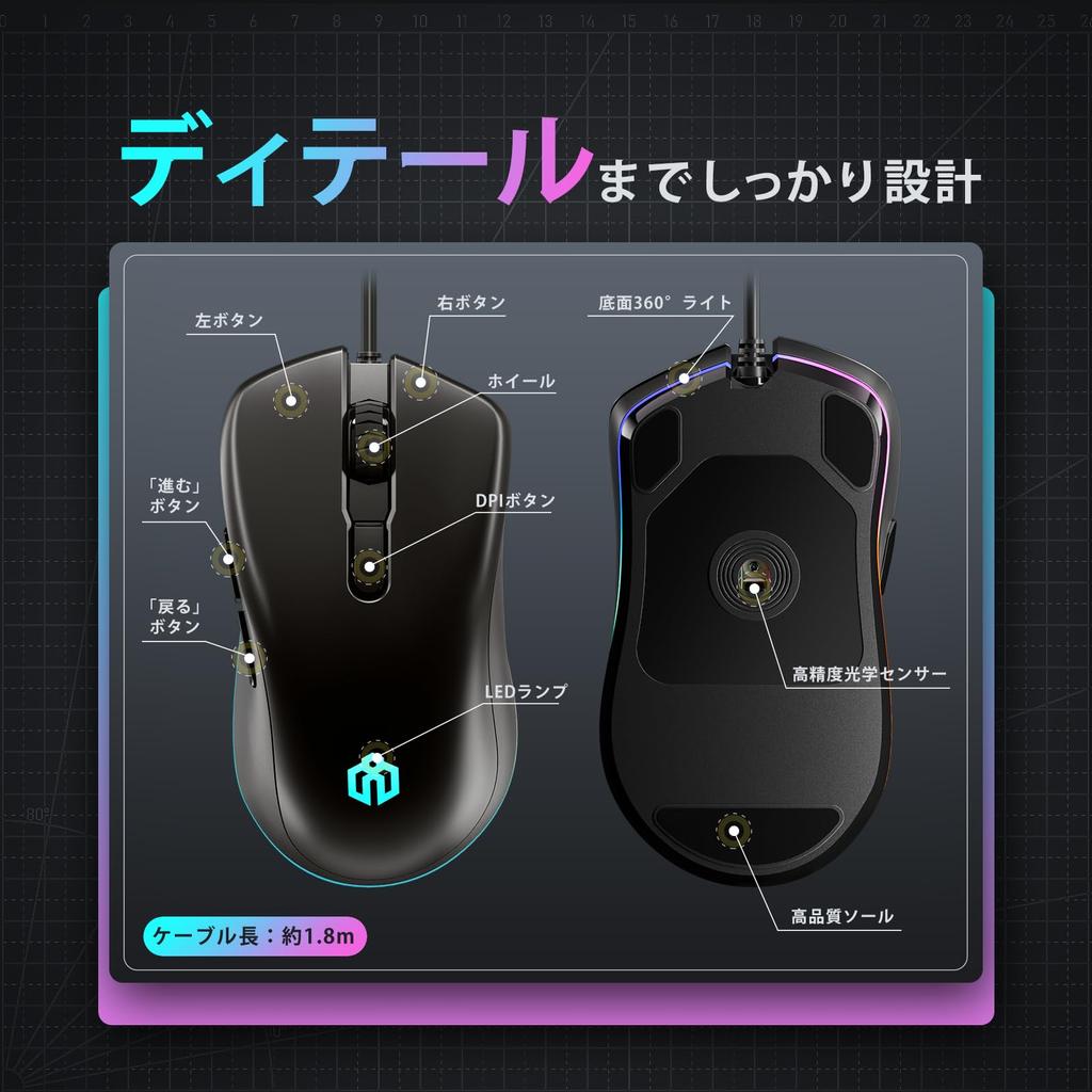 iClever Nova (Black), a Wired, Low-latency Gaming Mouse with Quiet Operation, RGB Backlighting, 6 Programmable Buttons, Customizable 360° Lighting,