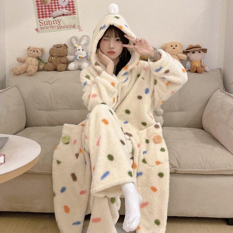 Women's Thick Coral Fleece Robe & Pajama Set