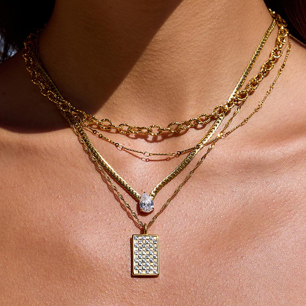 Youthway Classic Versatile White Zircon Geometric Square Pendant Necklace Stainless Steel Waterproof Jewelry Accessories Daily