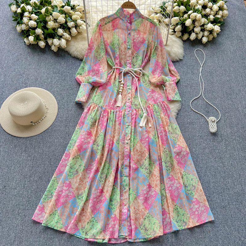 

Thin Long Sleeves Loose Lace-up Waist-Tight Chiffon Dress Flower color XL