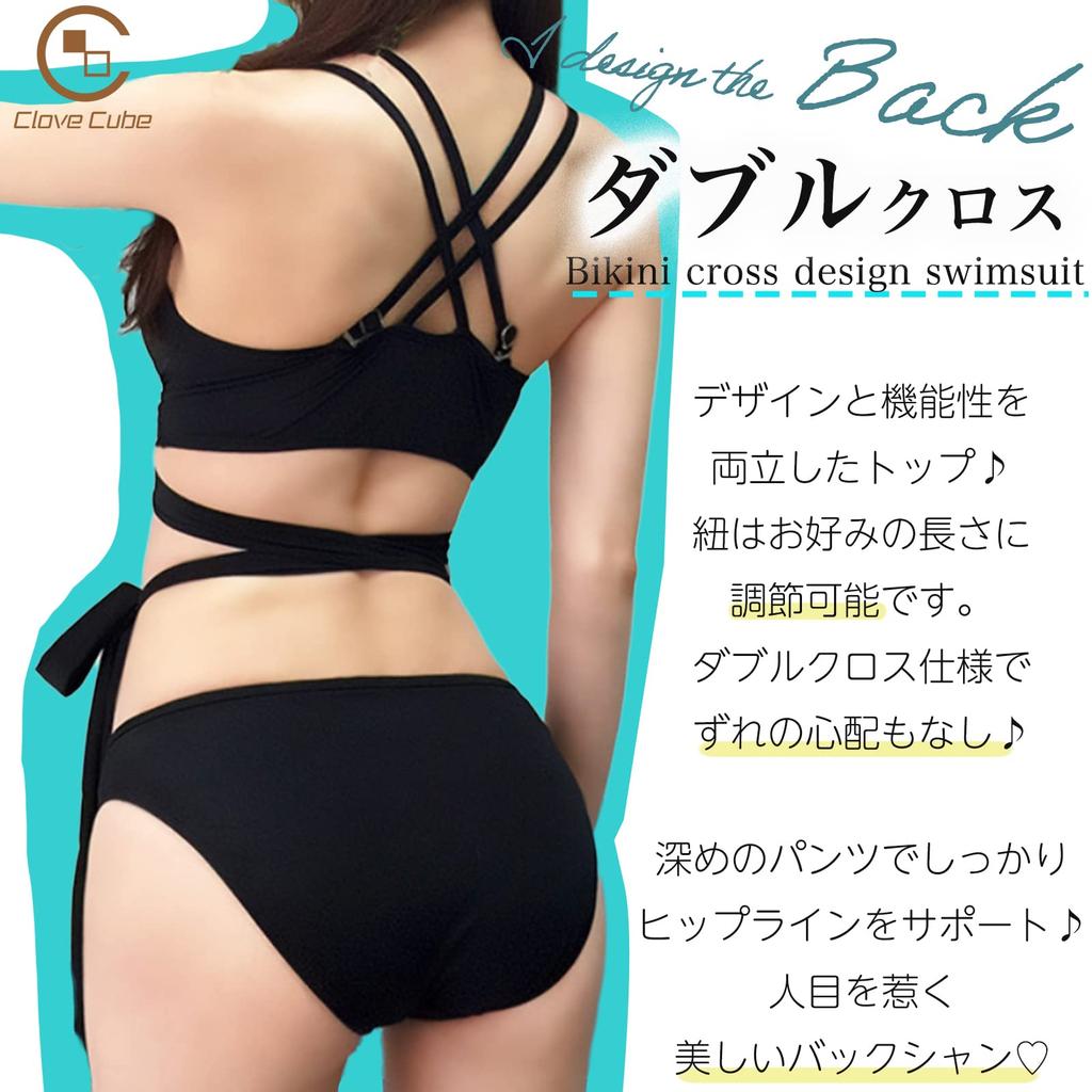 [Clove Cube] Double Cross Bikini Women's Swimsuit, Sexy, Simple, Ribbon, Black, Chic, with Pads (M Medium)