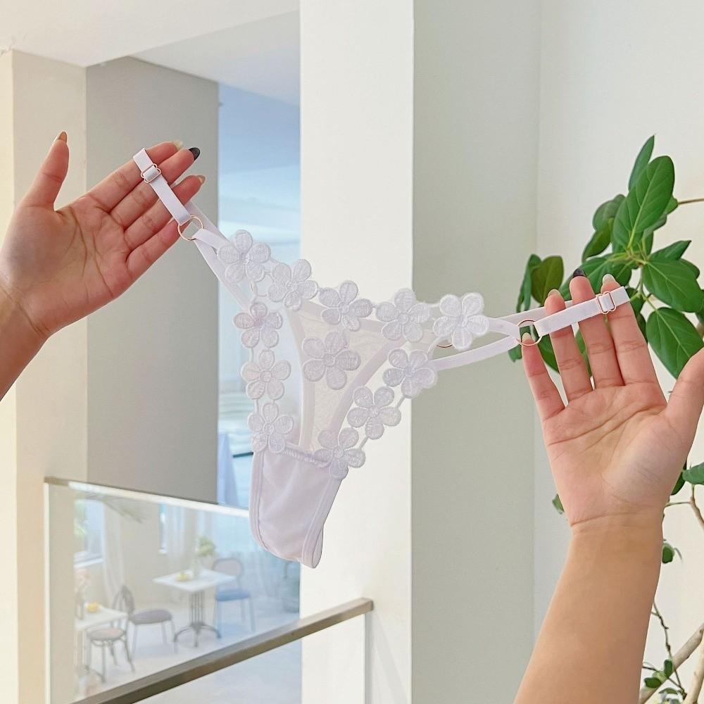 Low Waist Underwear for Women Mesh Hollow Thin Belt Thong Embroidery Floral Panties  Hotel