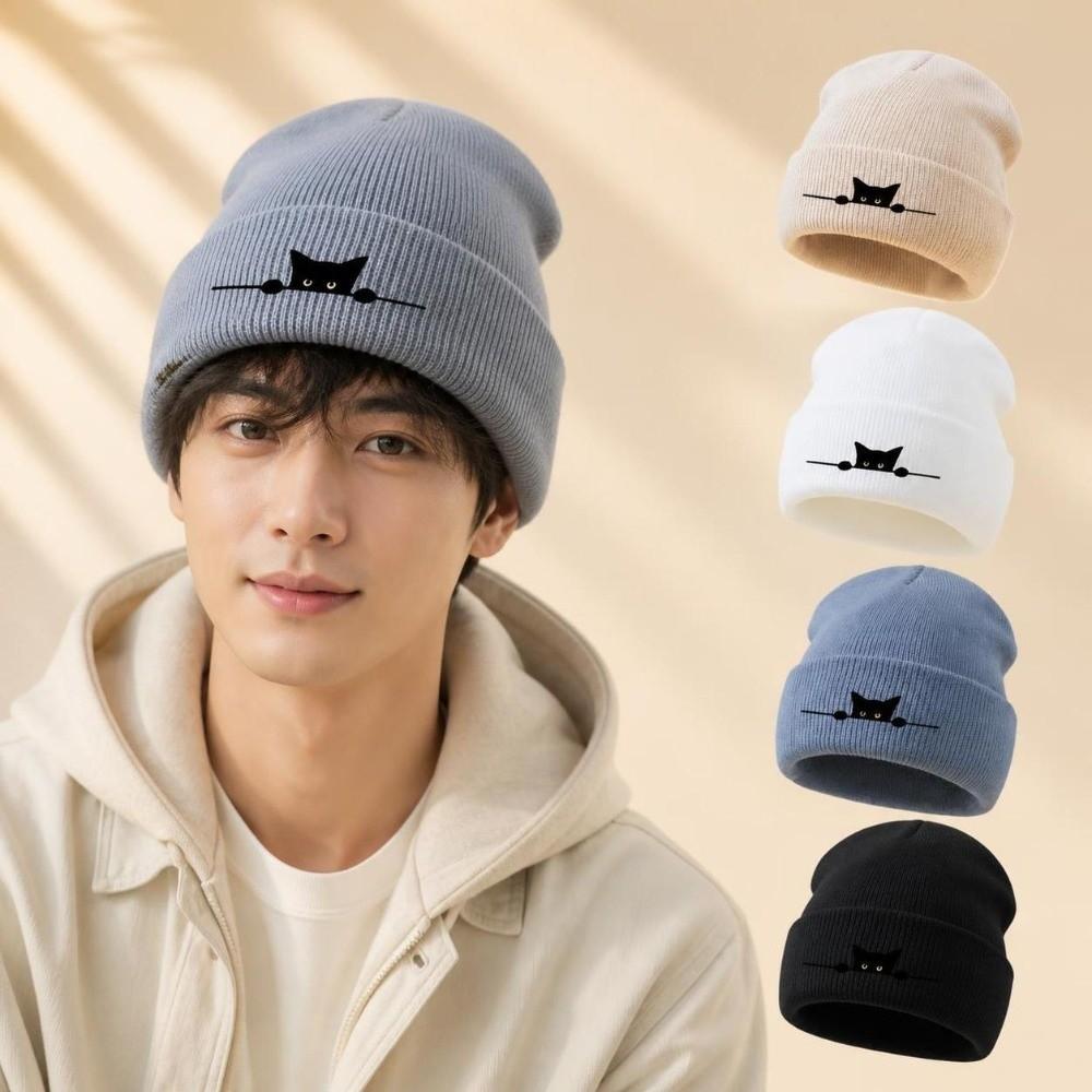 Cartoon Cat Printed Warm Hat Windproof Pullover Cap High Quality Knitted Beanie Hat Outdoor