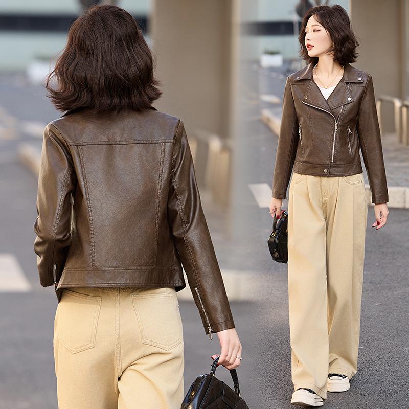 

Women s Slim Fit PU Leather Motorcycle Jacket - Spring/Autumn Lapel Short Coat (Style ZH1180) XXL 128-140 lbs кавовий