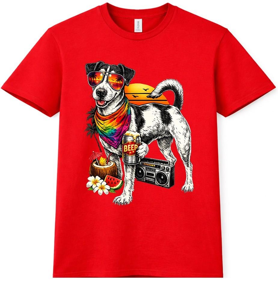 Funny Dog T Shirt Beer Drinking Puppy Graphic Tee Summer Beach Party Shirt S