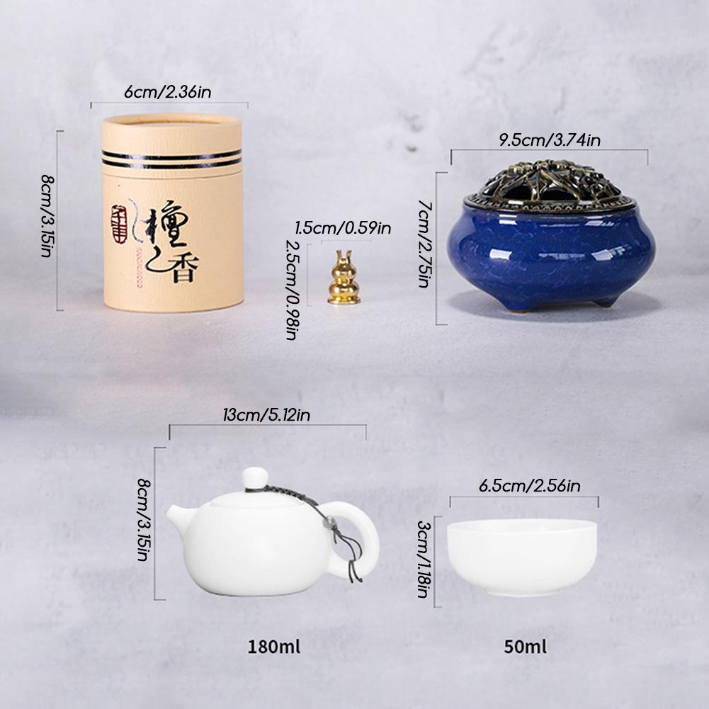 Porcelain Tea Set With Incense-Burner Holder Exquisite Household Teaware Collection For Office Desk Display