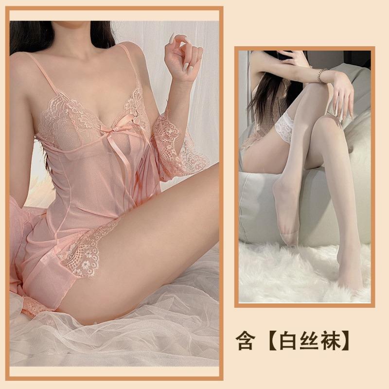 Sexy Women's Pajamas, Be Careful, Large Size Lace Mesh Yarn, Pure Desire Wind, Hot Transparent Robe, Four-piece Home Furnishing