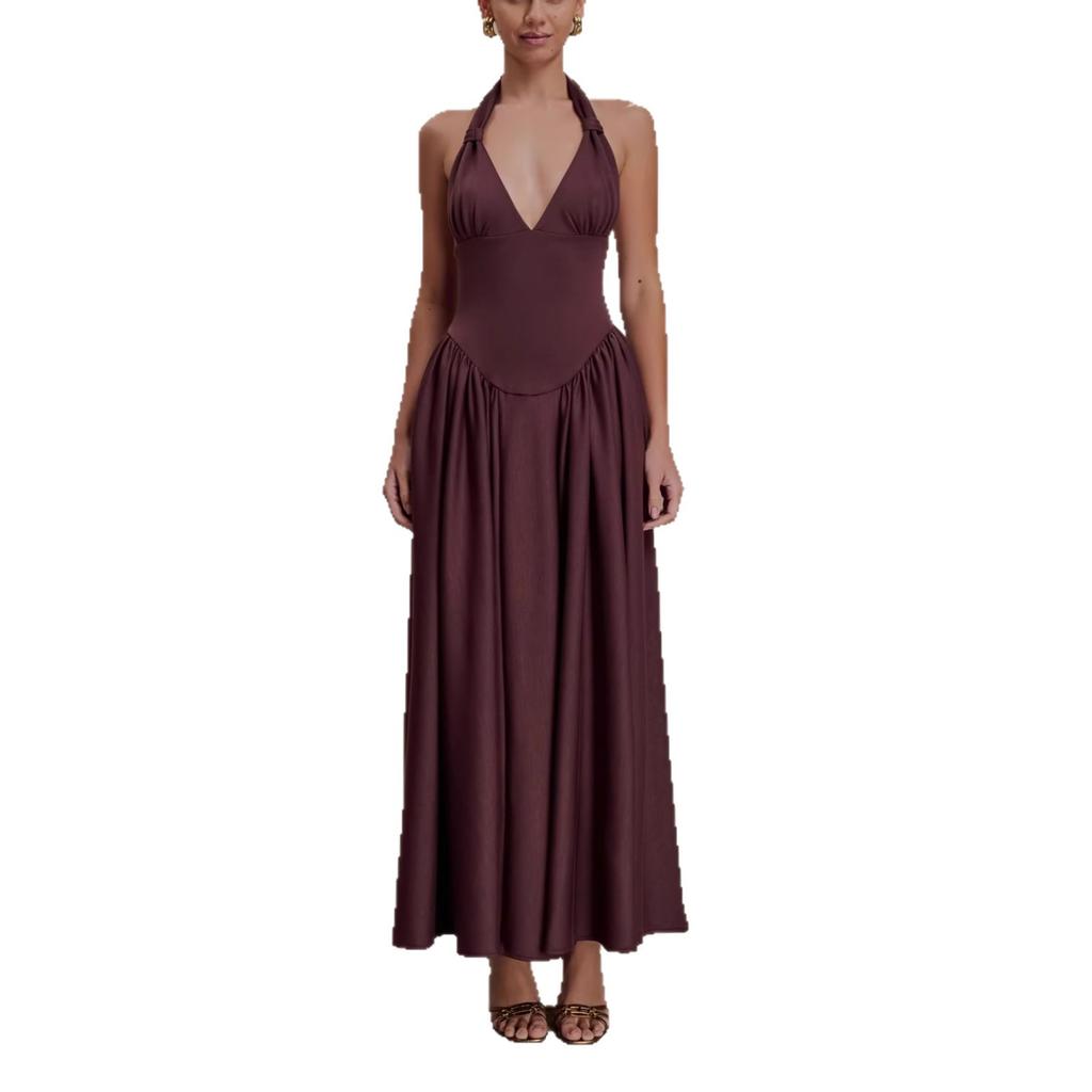 Women's fashion vacation style suspender long dress V-neck sexy backless waist European and American neck dress wholesale
