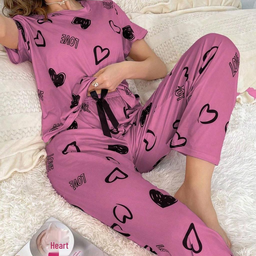 Women's Heart Print Pajama Set: Short Sleeve Top & Long Pants (2025 Collection)