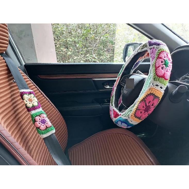 Crochet Steering Wheel Cover,Sunflower Crochet Steering Wheel Cover,Galsang Flower Steering Wheel Cover for Women & Girl (Steering Wheel Cover+2
