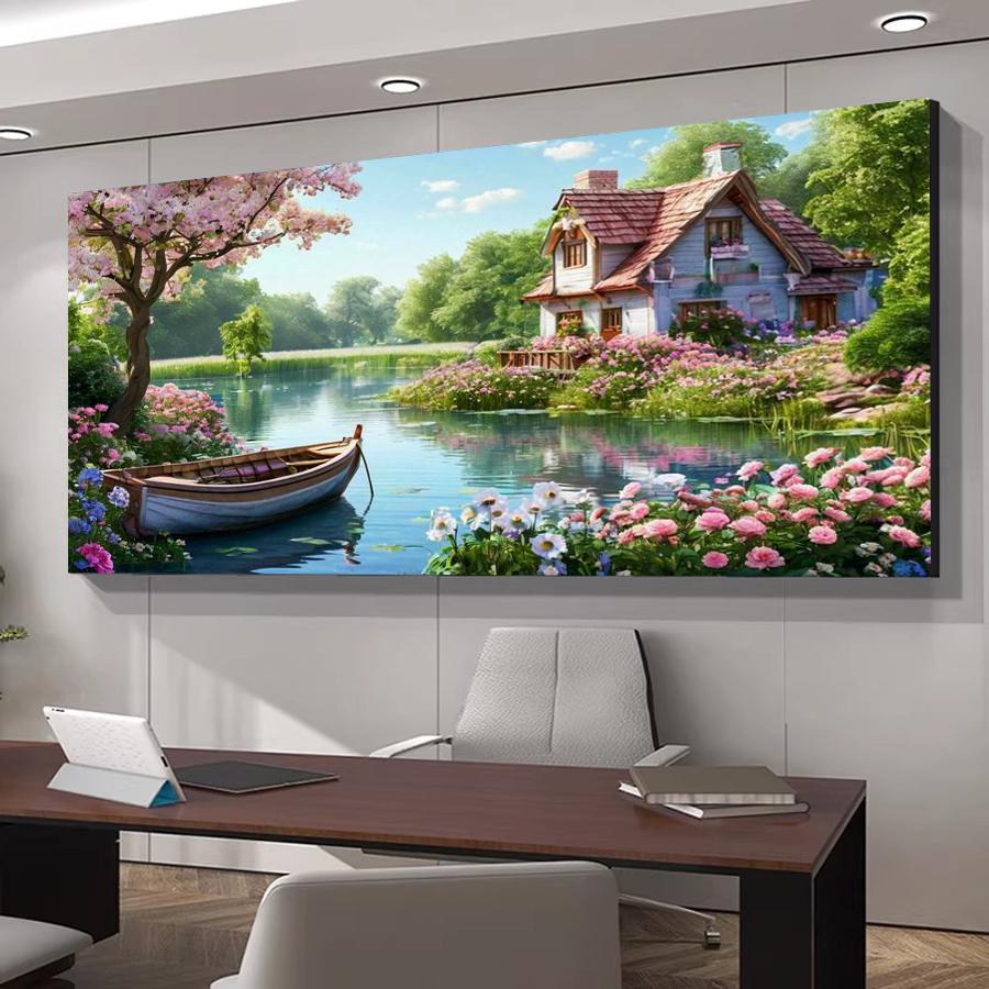 River House Boat Flower Large Size Diamond Painting Scenery Diy Full Square Round Drill Rhinestone Embroidery Mosaic Cross Stitch Kits Wall Decor