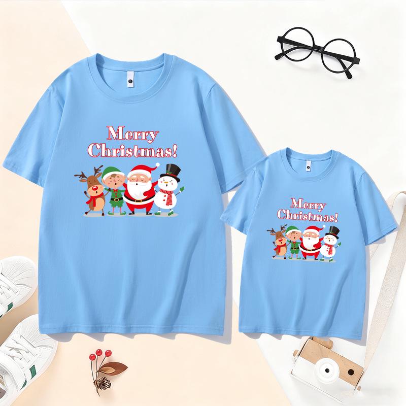 2026 Christmas Parent-Child T-Shirt - Santa & Reindeer Design for Families of 3-4, Pure Cotton, Short-Sleeve